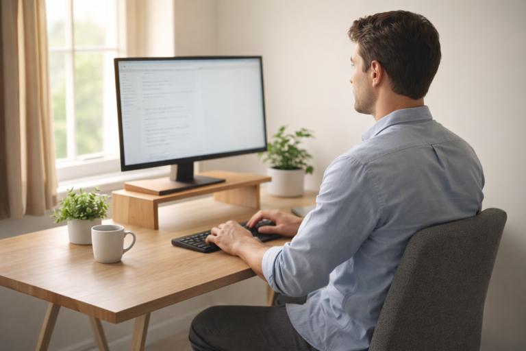 Person sitting at a clean desk with monitor at eye level on a wooden stand