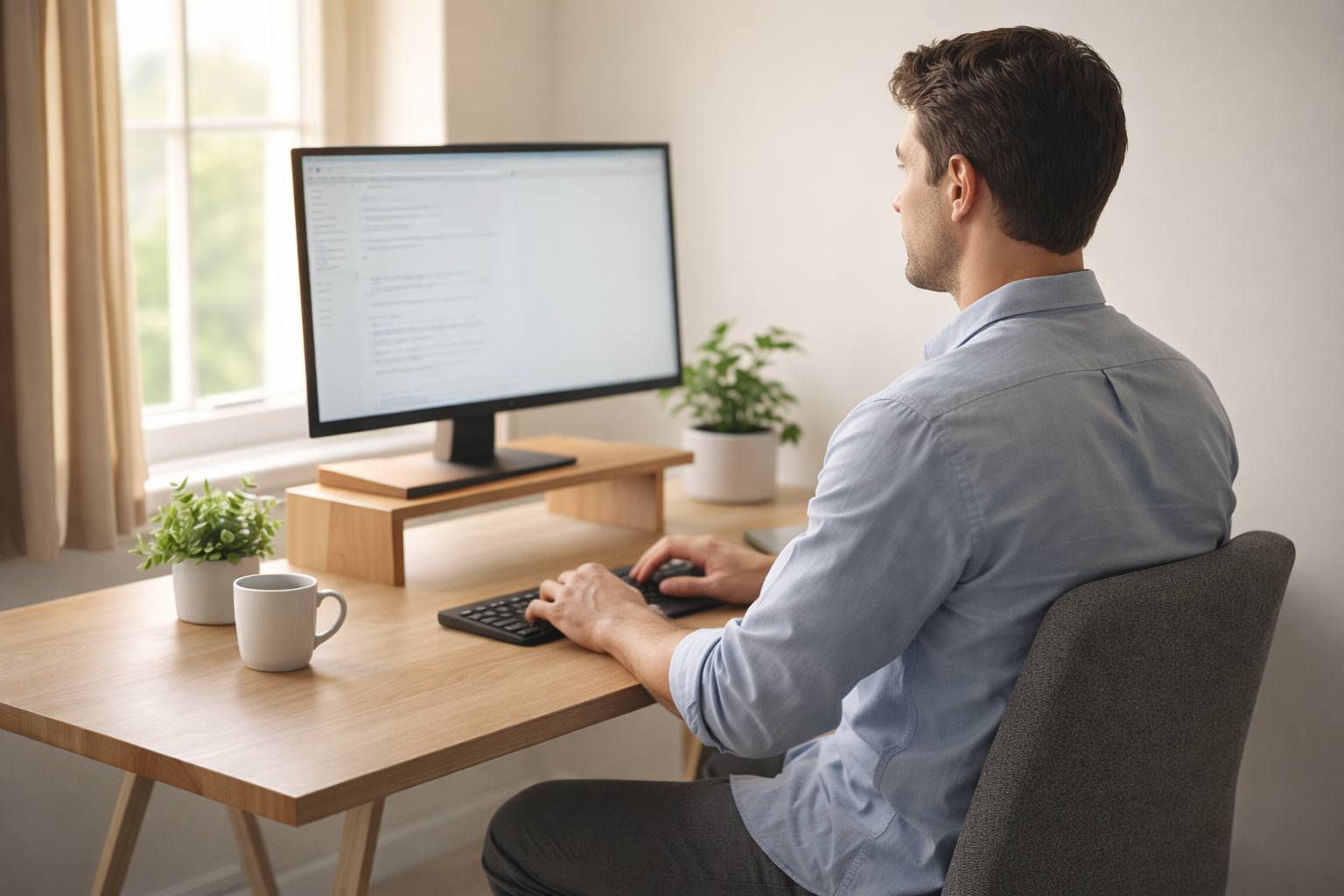 Person sitting at a clean desk with monitor at eye level on a wooden stand