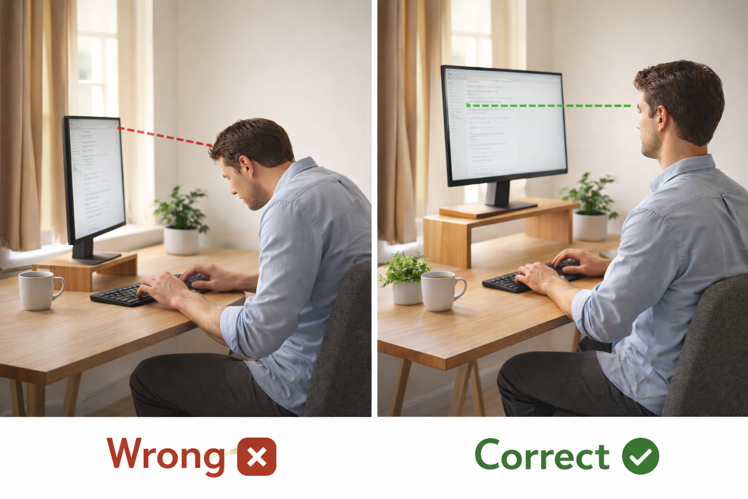 Side by side comparison of a monitor on a wooden riser stand and a monitor on a clamp arm